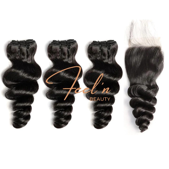 Lot 3 Tissages + Closure 4x4 ou Lace frontal 13x4 Cheveux Vierges Loose Virgin Loose Wave Hair (Brésilien 10A)-1