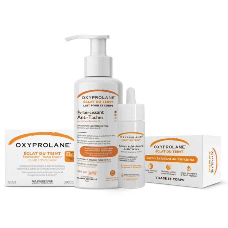 Oxyprolane® Routine éclat du teint In & Out – 30 gélules + lait 500 ml + Savon 220 gr + Sérum 100ml